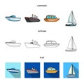 Protection boat, lifeboat, cargo steamer, sports yacht. Ships and water transport set collection icons in cartoon, outline Royalty Free Stock Photo