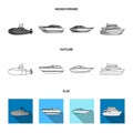 Protection boat, lifeboat, cargo steamer, sports yacht.Ships and water transport set collection icons in flat,outline Royalty Free Stock Photo