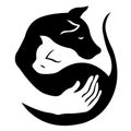 Protection and care for pets. Logo of human hugs of a cat and a dog. Vector illustration