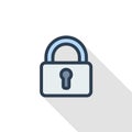 Protection,, closed lock, password, access thin line flat color icon. Linear vector symbol. Colorful long shadow design.