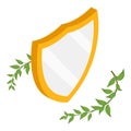 Protection concept icon isometric vector. Shiny triangular shield green branch