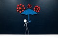 Protection from covid-19 disease. Human stick figure holding an umbrella against coronavirus.