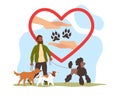 Protection dogs, animals care, love for pets and homeless. Happy man walking in park, veterinary clinic. Volunteer and