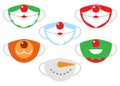 Protection individual masks mouth of santa claus, deer, snowman and elf. Face masks for Christmas, New Year. Vector Royalty Free Stock Photo