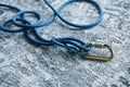 This is for protection. Knot with metal carabiner. Silver colored device for the active sports Royalty Free Stock Photo