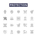 Protection line vector icons and signs. Safeguard, Shield, Secure, Defend, Preserve, Watch, Barrier, Deter outline