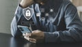 Protection, mobile cybersecurity, encrypted data access on cloud, secure login. Using smartphone with digital security interface, Royalty Free Stock Photo