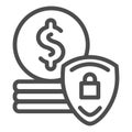 Protection money line icon. Dollar coins and shield vector illustration isolated on white. Finance secure outline style