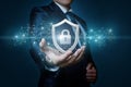 Protection network security computer in the hands of a businessman .