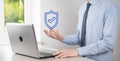 Protection network security computer in the hands of a businessman. business, technology, cyber security and internet concept - Royalty Free Stock Photo