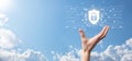 Protection network security computer and safe your data concept, Businessman holding shield protect icon. lock symbol, concept Royalty Free Stock Photo