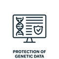 Protection of Online Genetic Data Line Icon. Private Dna Information on Computer Screen with Shield Linear Pictogram