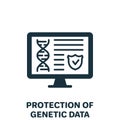 Protection of Online Genetic Data Silhouette Icon. Private Dna Information on Computer Screen with Shield Pictogram