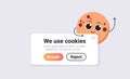 protection of personal information cookie mascot character with internet web pop up we use cookies policy notification