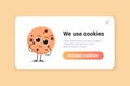 protection of personal information cookie mascot character with internet web pop up we use cookies policy notification