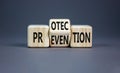 Protection and prevention symbol. Concept word Protection Prevention on wooden cubes. Beautiful grey table grey background. Royalty Free Stock Photo
