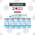 Protection of public health, vaccination of population against Covid-19 viral infection. Syringe, vials with coronavirus vaccine