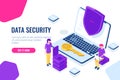 Protection and security of computer data isometric, laptop with shield, man sit on chair with laptop, women engineer