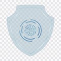 Rotection shield encoded fingerprint icon. Safety finger scan concept badge. Privacy dactylogram banner. Security defense label.