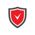 Protection shield icon with red center and tick sign on it laced on white background