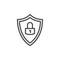 Protection shield with lock line icon, outline vector sign, linear style pictogram isolated on white. Symbol, logo illustration. E