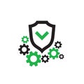 Protection vector icon design. Shield with check mark and gears cogwheels. SEO. Royalty Free Stock Photo