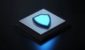 Protective blue guard shield with a power button for cyber security and insurance Royalty Free Stock Photo