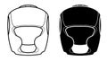 Protective boxing helmet. Protective equipment of taekwondo, karate fighter. Black and white vector