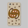 Protective case for mobile phone. Oriental paisley ornament in brown tones. Stylized yin yang on brown background.