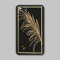 Protective case for mobile phone. Silhouette of palm leaf of luxurious gold color in frame on black background.