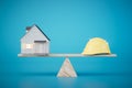 A protective construction helmet and a house on a scale on a blue background. 3D render
