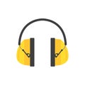 Protective ear muffs. Yellow headphones for construction worker. Professional equipment for hearing safety. Flat vector