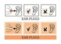 Protective earplugs from loud noise vector icon set. Instruction for using ear plugs. Protect against sound. Packaging design Royalty Free Stock Photo