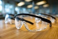 Protective eyewear with clear lenses and black frames placed on wooden surface in a well-lit modern workspace environment Royalty Free Stock Photo