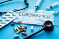 Protective face mask,pills, syringes and Stethoscope on blue background, against Novel coronavirus 2019-nCoV or Wuhan coronavirus Royalty Free Stock Photo