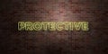 PROTECTIVE - fluorescent Neon tube Sign on brickwork - Front view - 3D rendered royalty free stock picture