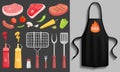 Black apron with bbq restaurant logo. Protective garment for cooking, clothing for barbecue cookery