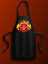 Black apron with bbq restaurant logo. Protective garment for cooking, clothing for barbecue cookery