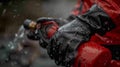 Protective gloves drenched in water, clutching a fire extinguisher handle Royalty Free Stock Photo