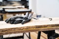 protective gloves and glasses for working with wood on the planing machine Royalty Free Stock Photo
