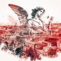 protective guarding angel over a cityscape red black drawing art