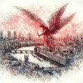 protective guarding angel over a cityscape red black drawing art