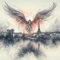 protective guarding angel over a cityscape red black drawing art