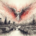 protective guarding angel over a cityscape red black drawing art