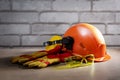 Protective hard hat, headphones, gloves and glasses Royalty Free Stock Photo