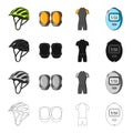 Protective helmet of a bicyclist, knee pads, outfit overalls, timer. Cyclist outfit set collection icons in cartoon