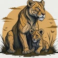 a protective lioness with a determined expression, guarding her cubs nestled safely in a grassy savanna. generative ai
