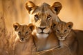 Protective Lioness her cubs sunset. Generate Ai Royalty Free Stock Photo