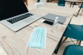 Protective mask and bactericidal spray on the office Desk