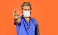 Protective mask. Open palm stop gesture. Danger zone. Stop epidemic. Virus concept. Epidemic infection. Critical number Royalty Free Stock Photo